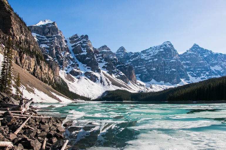 Snowcapped mountains and blue lake