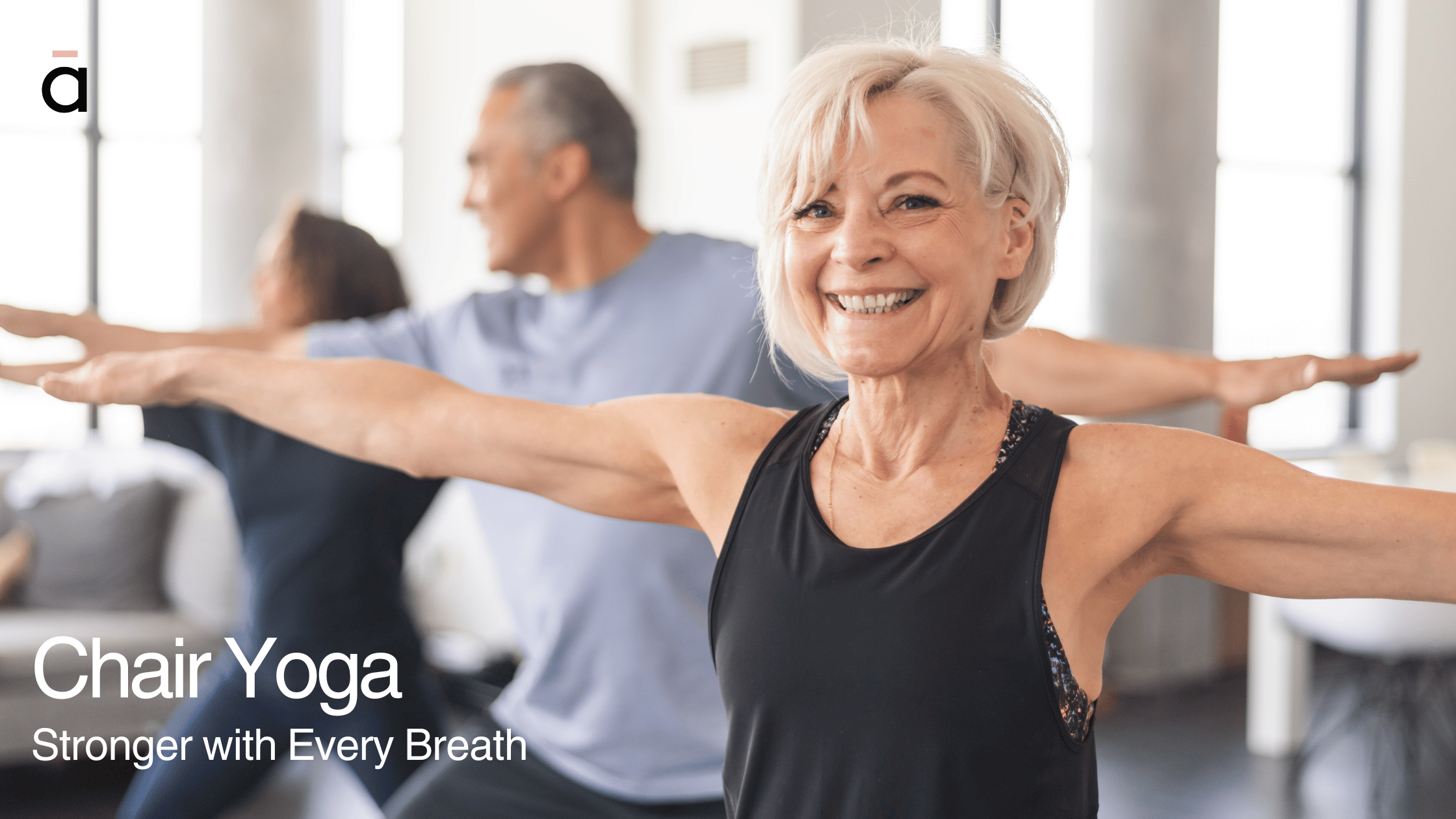 Empowered older woman in adapted warrior poseโencouraging readers to reconsider the potential of chair yoga for seniors.