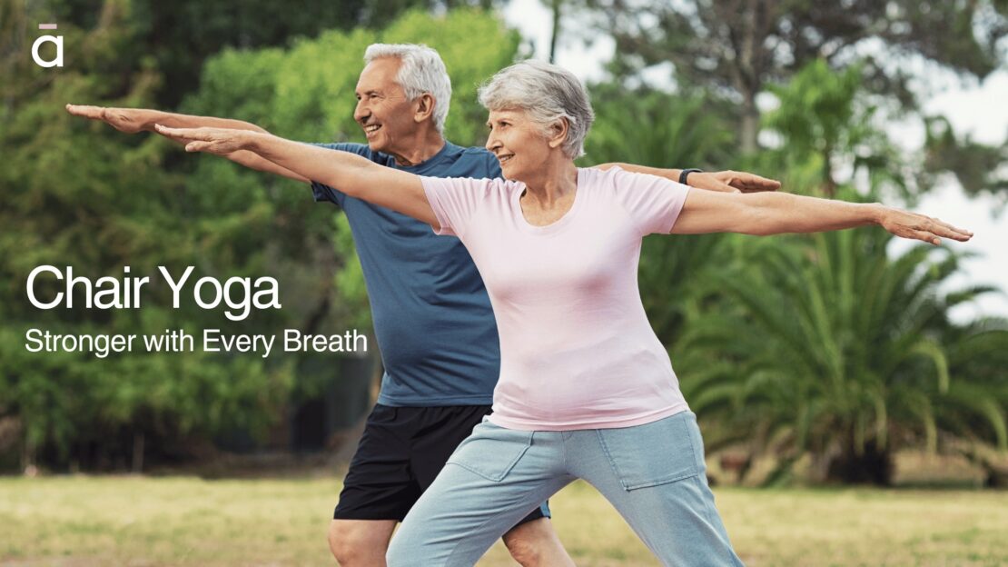 Older adults practising a modified warrior pose outdoors as part of chair yoga for seniors. Does chair yoga really work? Absolutely—with strength and balance in focus.
