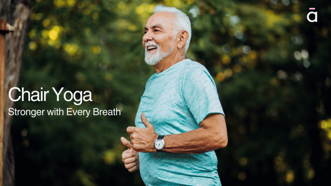 Happy senior man enjoying the benefits of chair yoga outdoors—showing that chair yoga really does work to support energy and wellbeing.