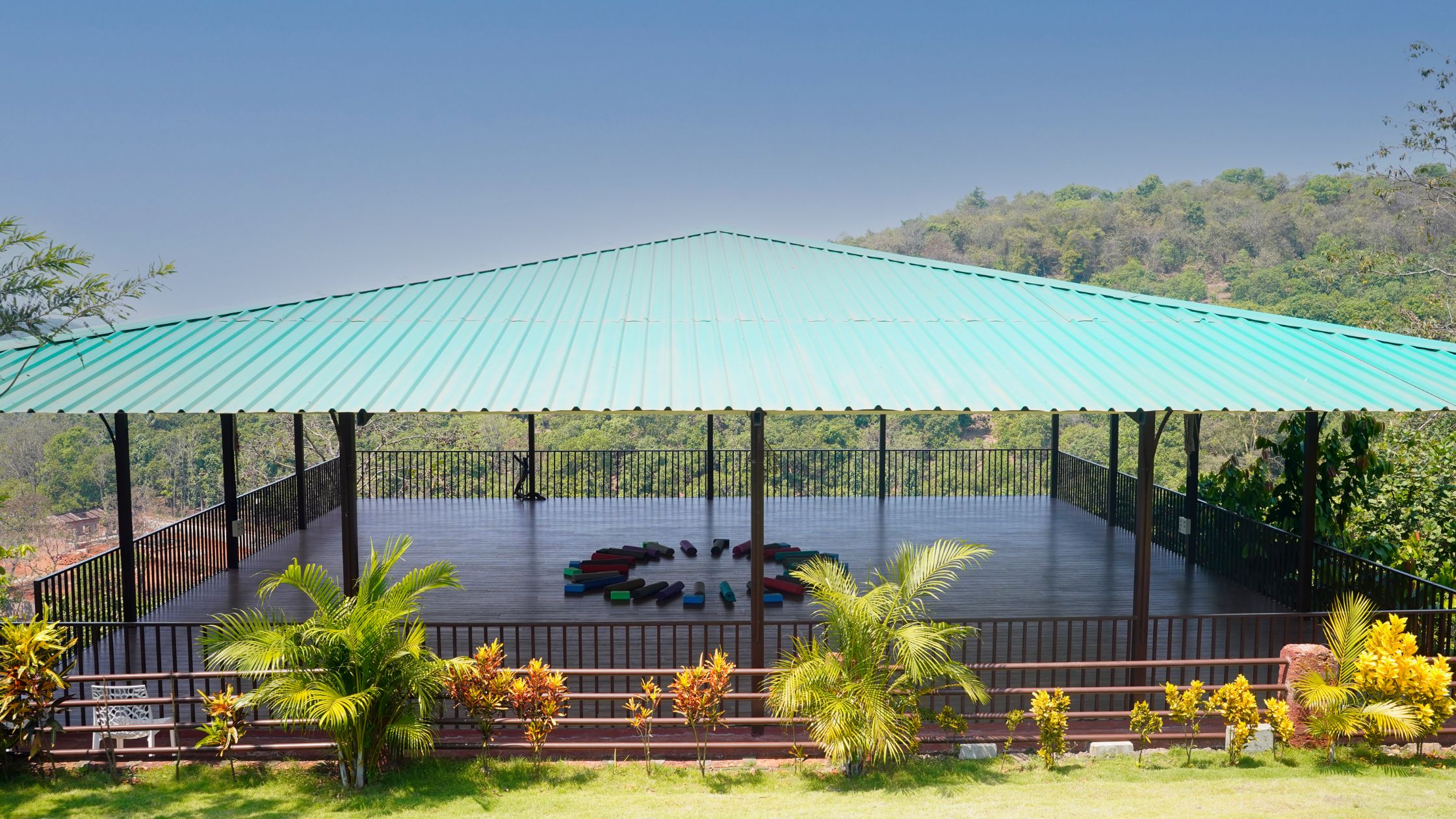 View of yoga retreat centre in Goa, open air shala in the hillside