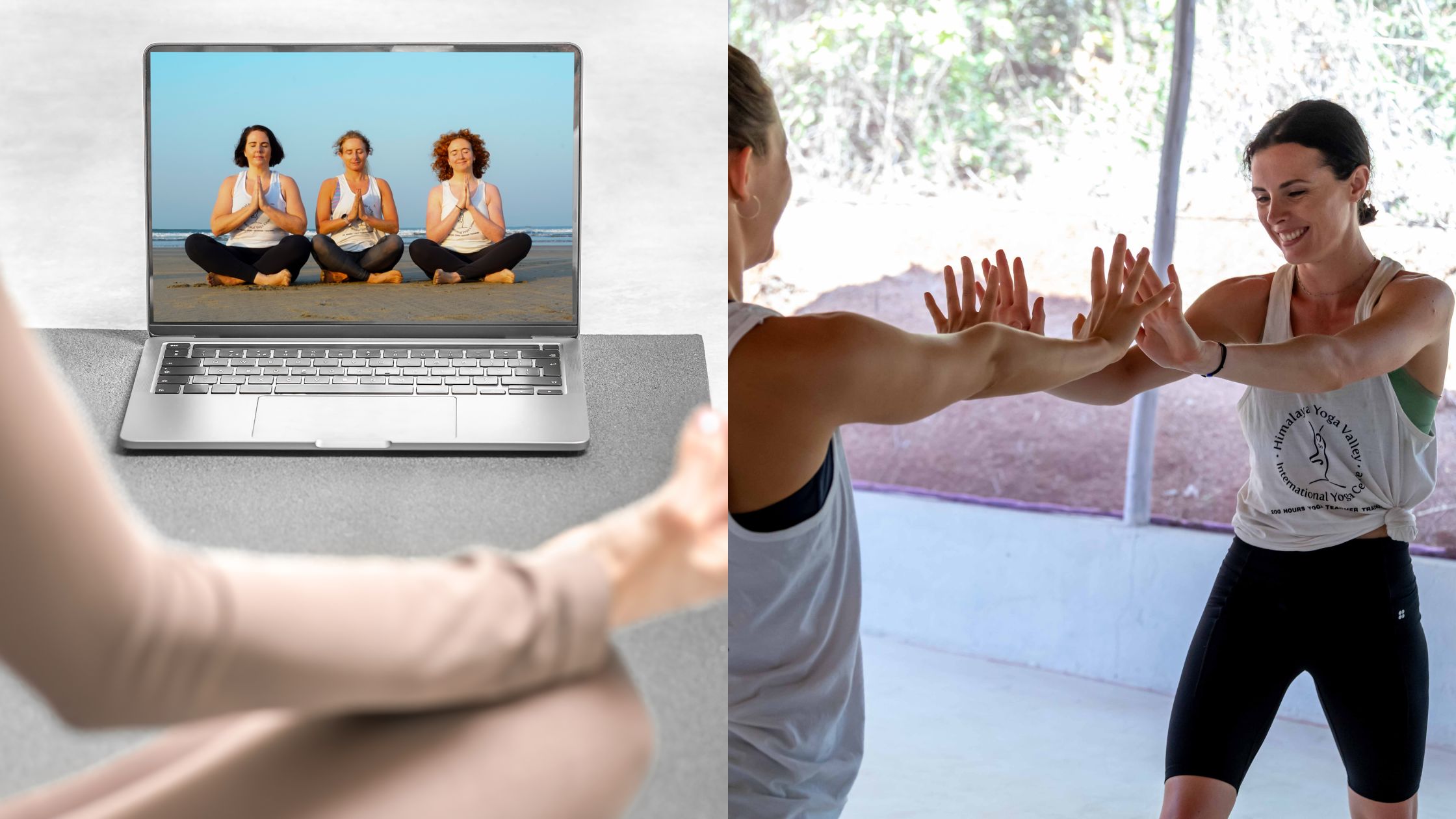 Split image showing online yoga class on laptop and in-person yoga teacher adjusting student in studio