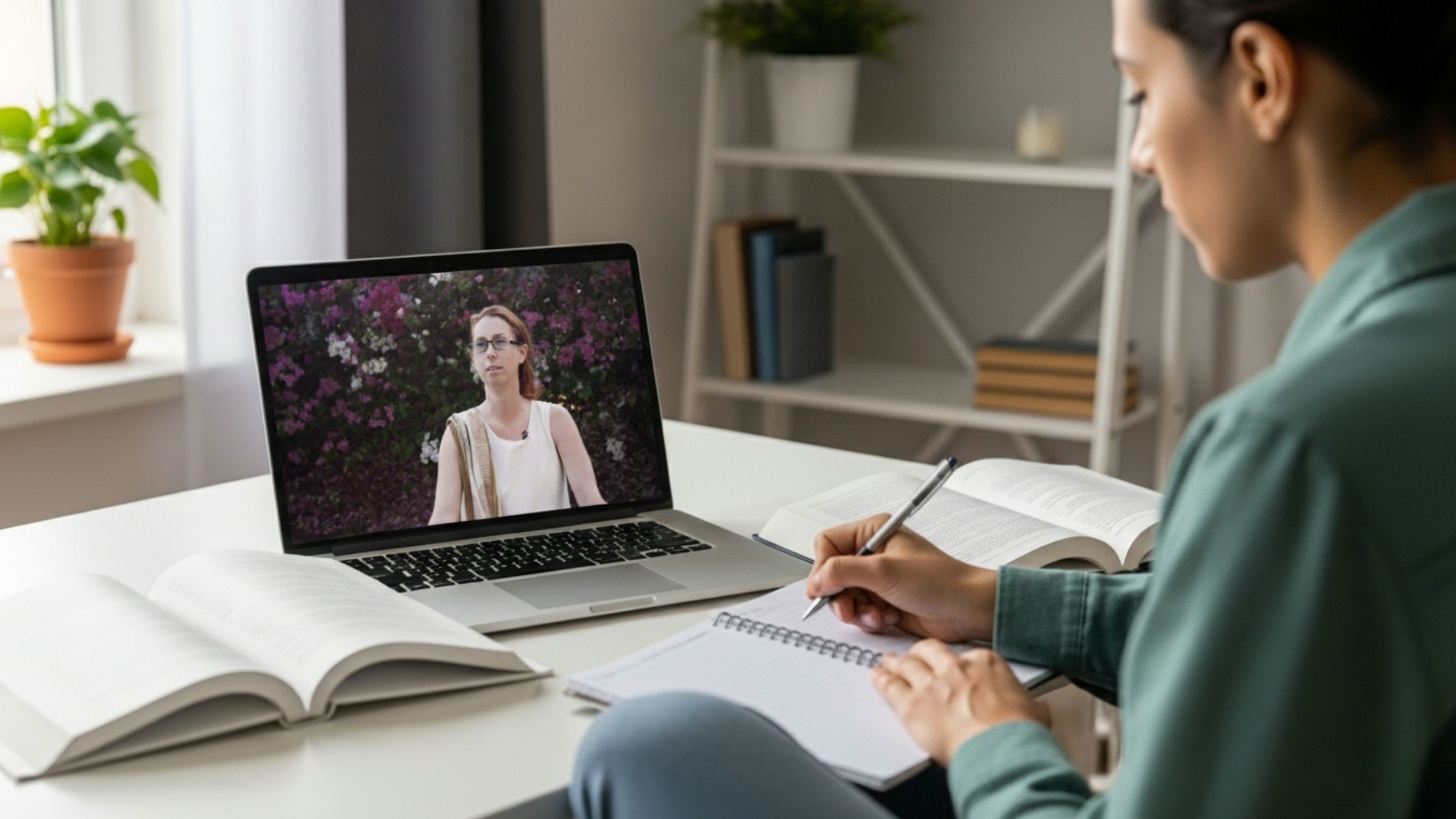 Student taking notes on yoga philosophy while attending an online yoga class